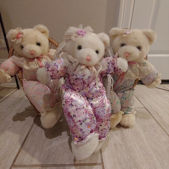 Vintage Teddy Bear Plush Dolls in Basket Chairs Lot of 3 MTY International - Picture 1 of 8